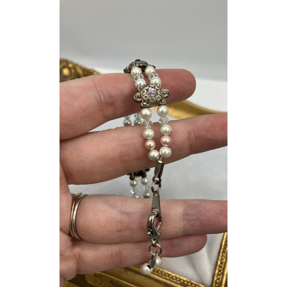 Handmade 2 Row Panel Bracelet Pearl Rhinestone Regal Royalcore Coquette Romantic - Picture 3 of 10